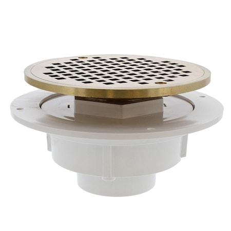Jones Stephens 2in. PVC Shower Drain with 2in. Brass Spud and 6in. Round Polished Brass Strainer D50721